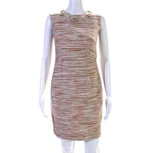 Magaschoni Jeweled Neckline Sleeveless Sheath Dress Pink Beige Tweed Size 2